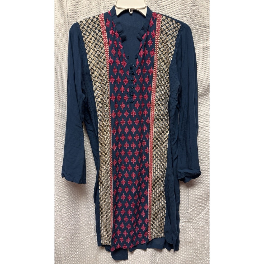 Atika Women's Embroidered Tunic Top Navy Red Ivory Size L